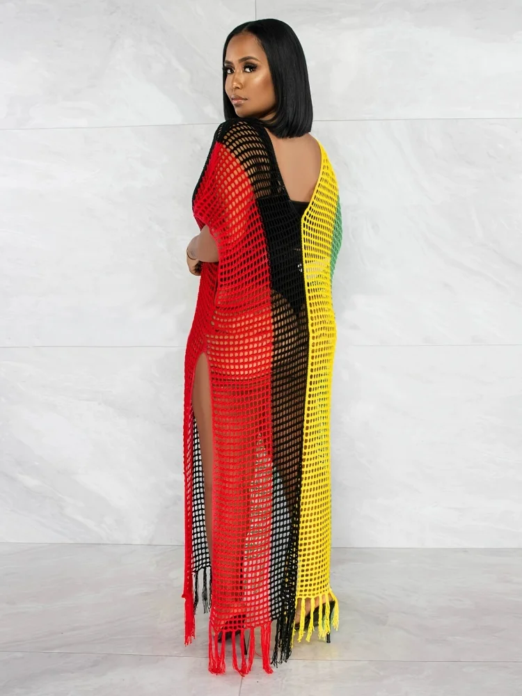 2026 European and American Plus-Size Women's Spring and Summer Vacation Style Beach Dress Cover-Up with Contrasting Color Hollow-Out Handmade Tassel Knit Dress for Women
