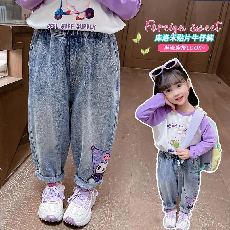 Anime Kuromi Girls Jeans Pants Sanrios Kids Fashion Straight Elastic Waist Denim Trousers Children Loose Casual Jeans Outerwear