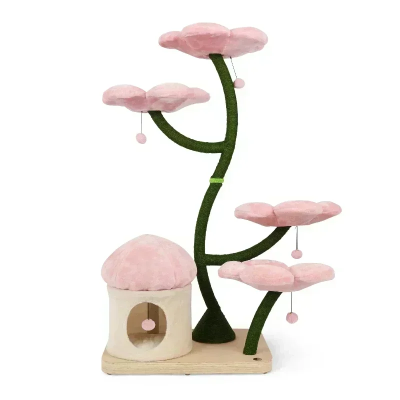 Customized Flower Cat Tree Tower Pink Modern Cat Scratcher Tree Hot Sale Wooden Climbing Frame House Large Cat Toy for Kitties