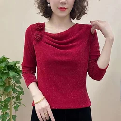 Elegante filato netto sottile fondo camicia primavera autunno nuova manica lunga solido sottile Patchwork top temperamento moda donna abbigliamento