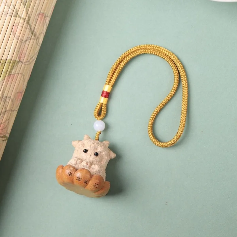 Golden Sandalwood Sheep Charm Healing Ornament with Braided Rope, Stress Relief Bag Pendant Cute Handmade Hanging Accessory Gift