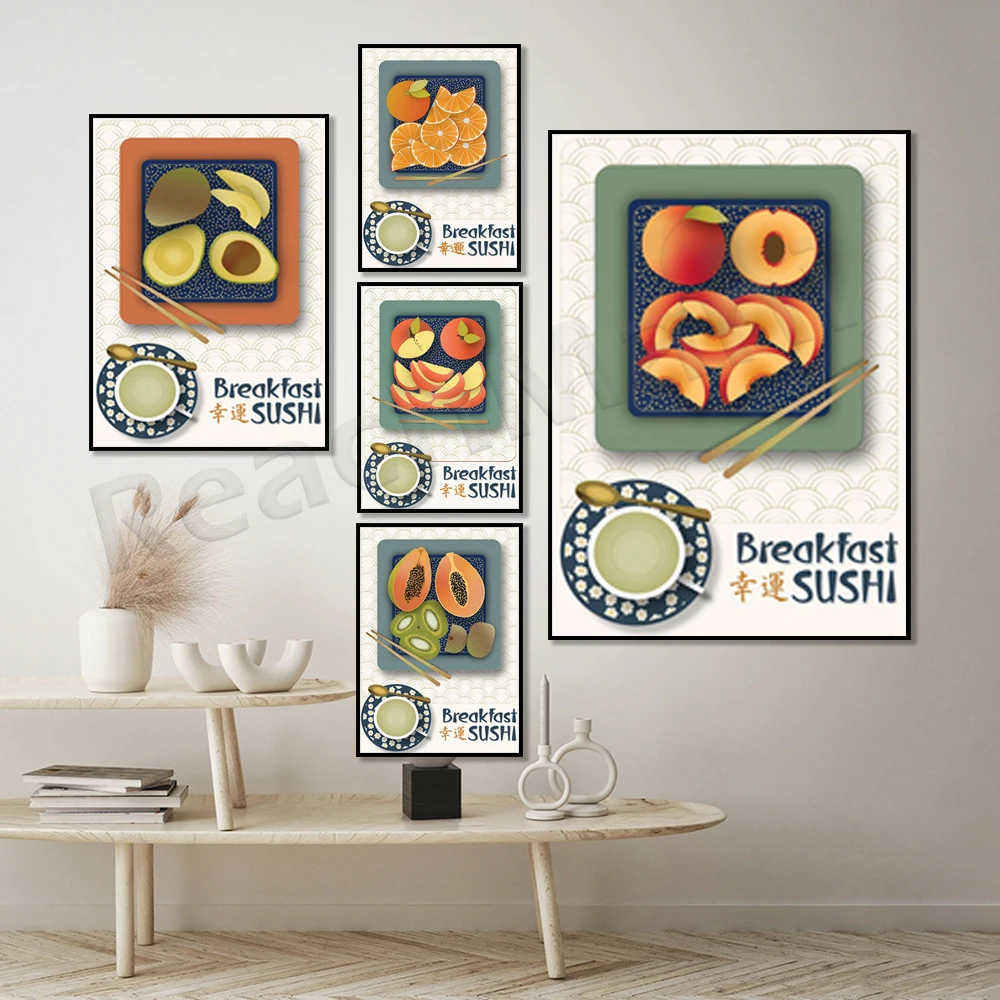 Sushi wall art print, orange, peach, apple, kiwi, papaya, avocado japanese food poster, kitchen wall decor, illustration
