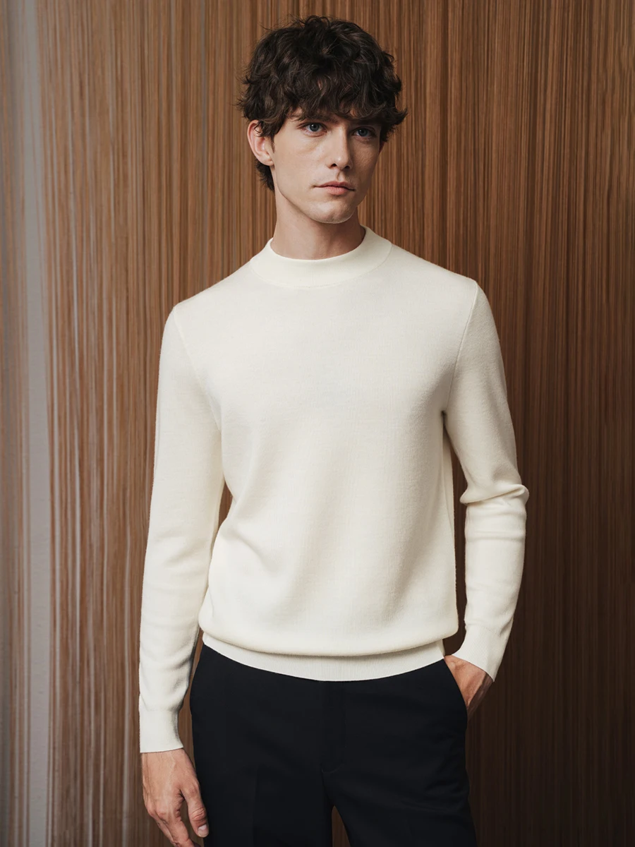 

Men's Mock Neck Sweater Heavyweight Thick 100% Wool Knit Jumper, Thermal Base Layer for 2025 Fall Winter White Black M 2XL