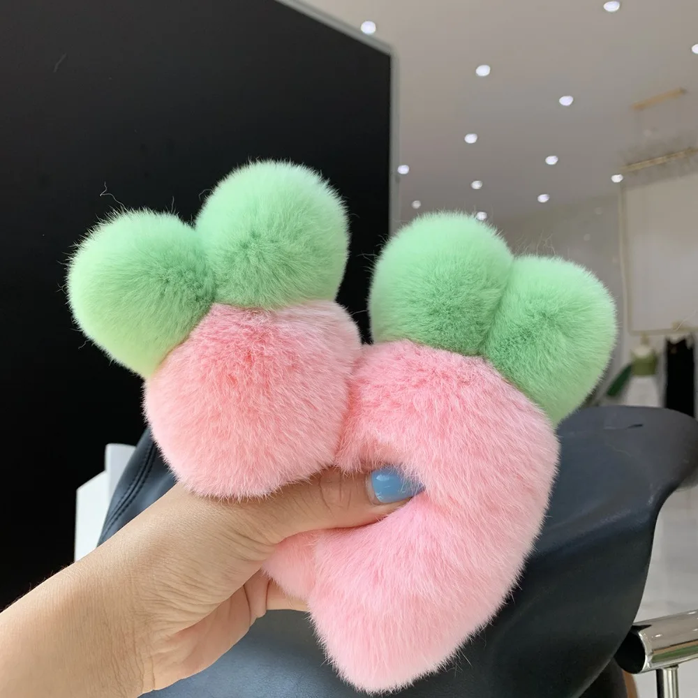 Fashion Cute Fruit Plush Carrot Key Ring Decoration Ornaments Rabbit Fur Keychain Bag Charm Kawaii Fluffy Ball Pendant Backpack