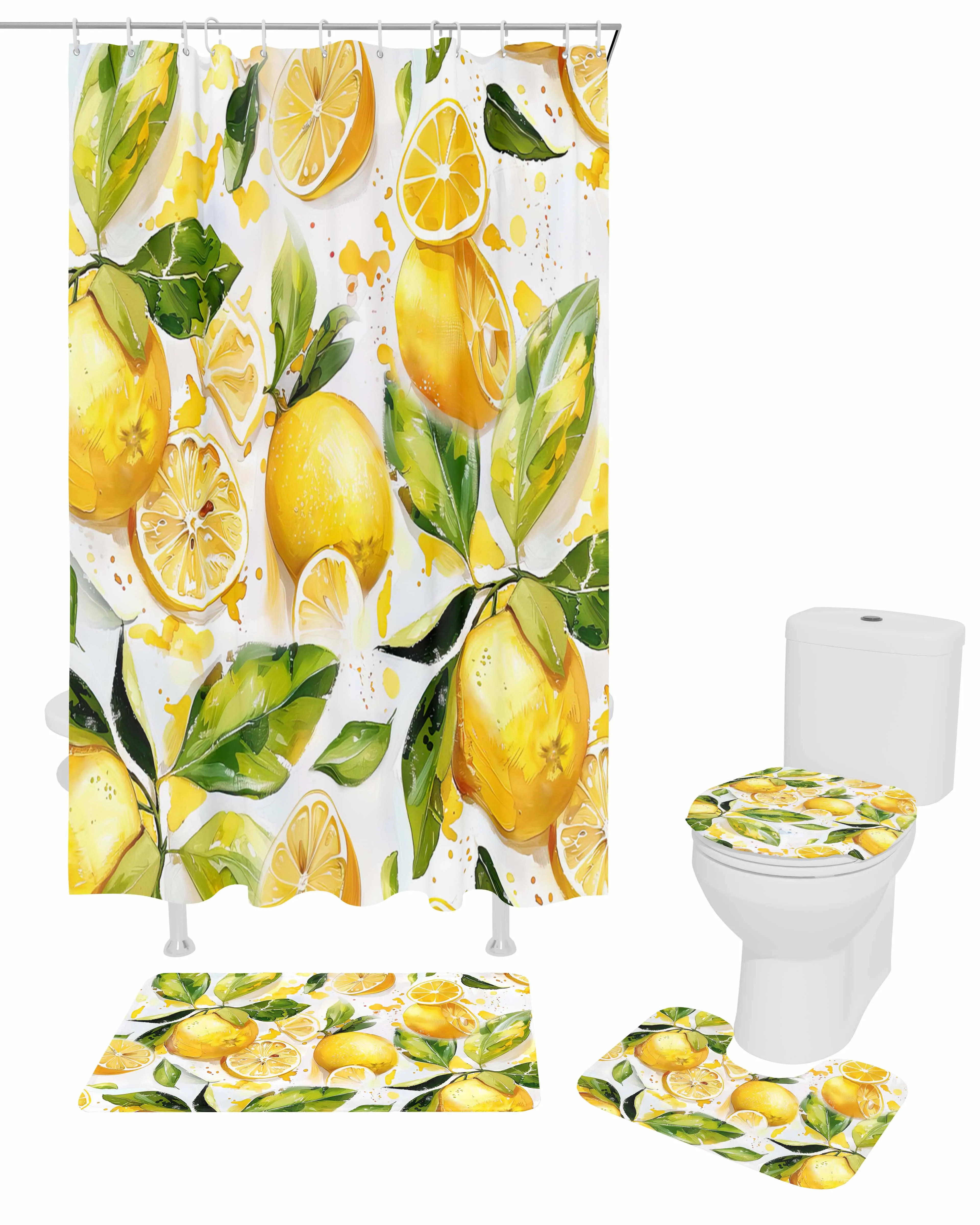 Lemon Leaves Watercolor Shower Curtain Set Non-Slip Rugs Bath Mat Toilet Lid Cover Waterproof Bathroom Curtain