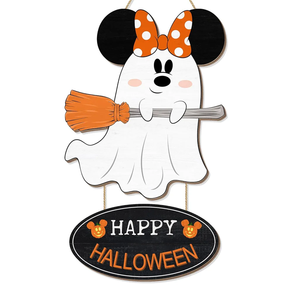 Halloween Mouse Ghost Wood Hanging Sign for Front Door, Happy Halloween Wooden Pumpkin Broom Signs for Home Wall Decor
