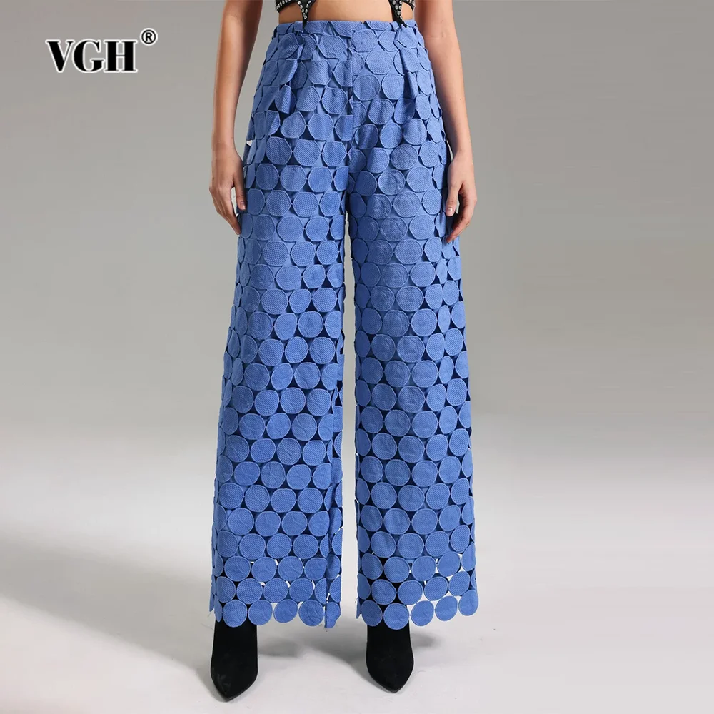 

VGH Solid Hollow Out Patchwork Round Tassel Trousers For Women High Waist Embroidery Loose Wide Leg Pants Female Fashion Style