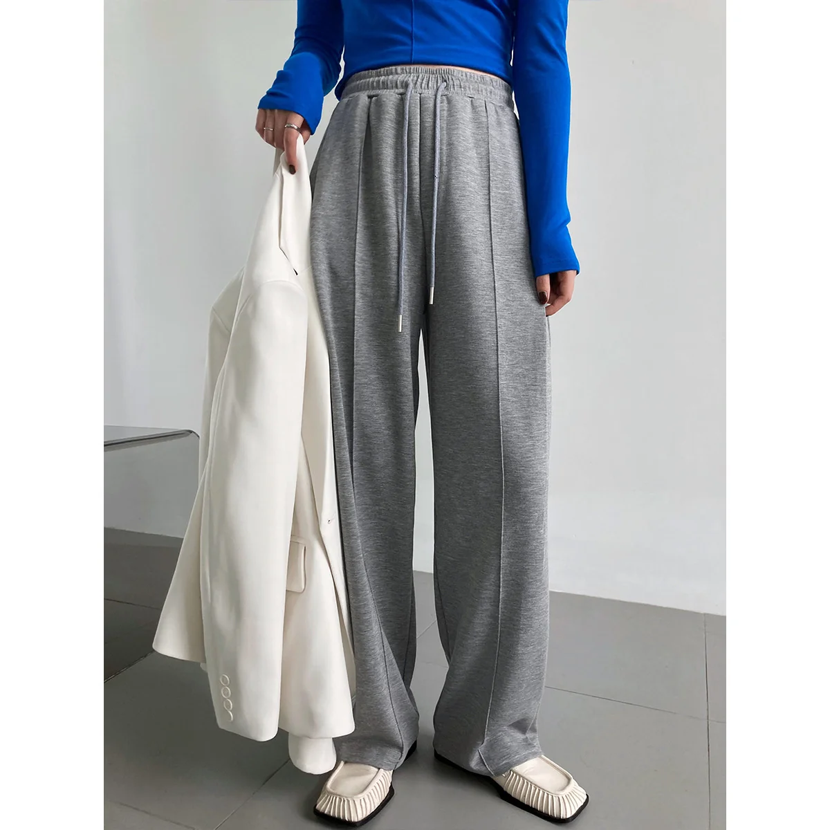 Solid Drawstring Sweat Pants Women\'s Loose Casual Elastic Waist Hanging Feeling Wide Leg Pants