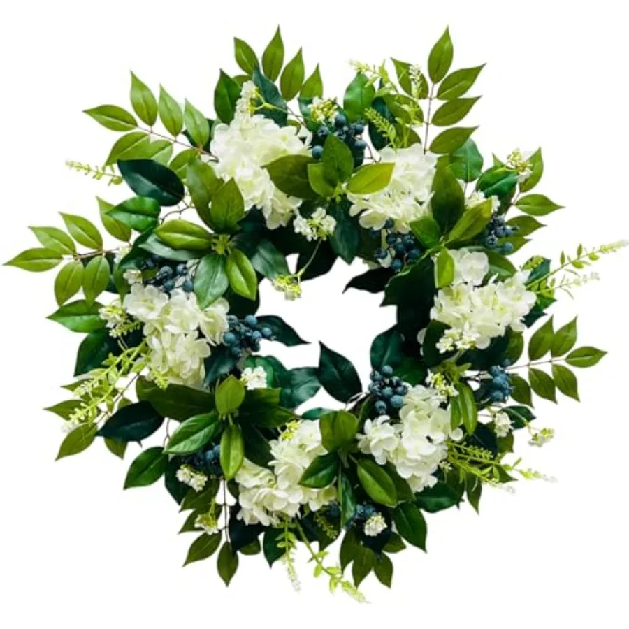 

22 Inch Lighted Hydrangea Wreath with Timer for All Season 20 Lights Steady and Flashing Modes Artificial Hydrangea Flower Blue