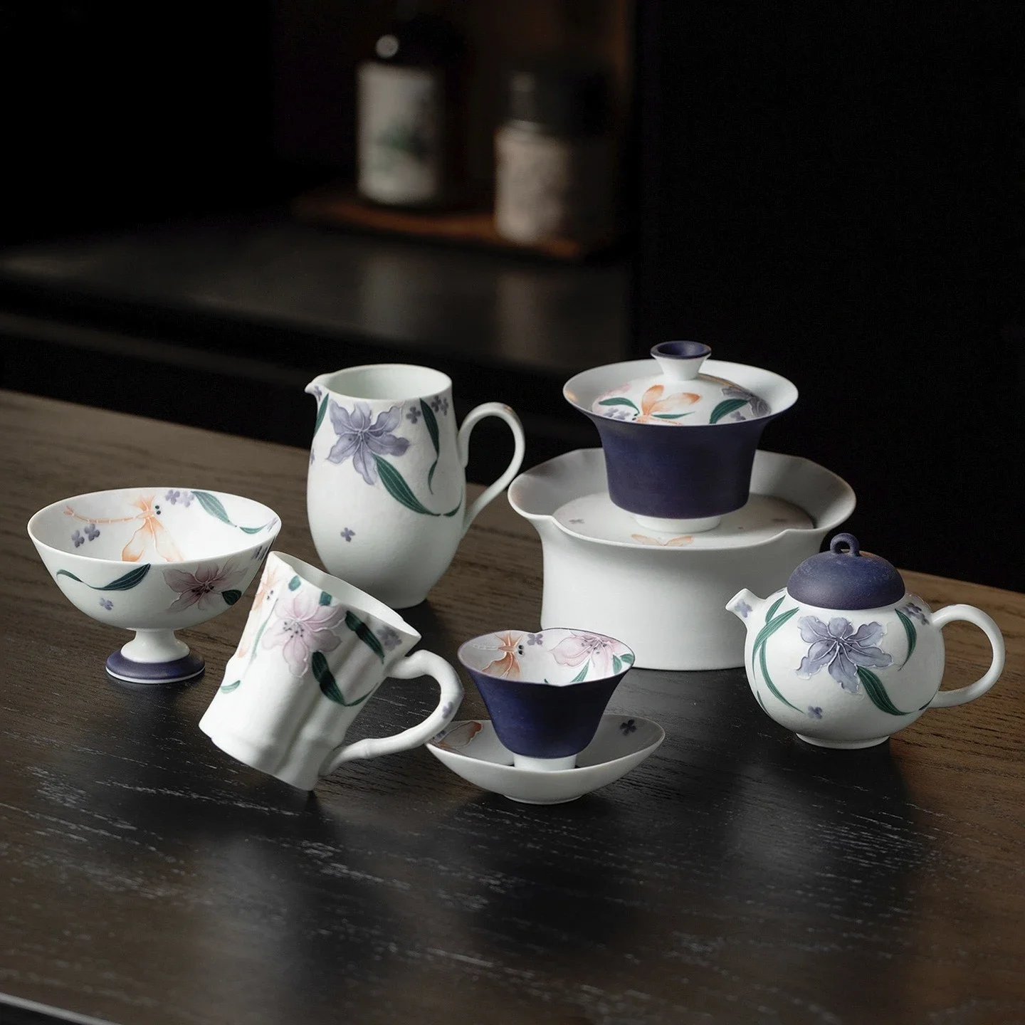 Twilight Cloud Purple Fly Banqing Flower Kung Fu TeaSet Collection Hand Painted Household Teapot Cover Bowl Teacup Pot Bearing