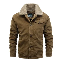 Men's Corduroy Jacket  Autumn Winter New Solid Colour Casual Loose Outdoor Travel Hair Collar Jacket Men's Warm Cotton Clothes