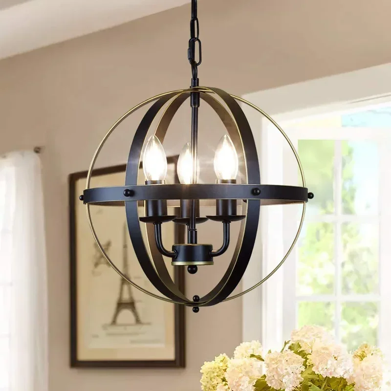 

Pendant Indoor Light Creative Metal Round Vintage Hanging Lamp Retro Chandelier Spherical Chain Fixture Chrome-C