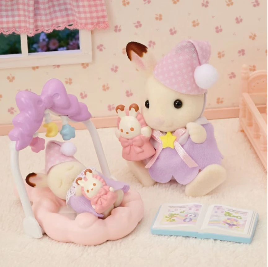 Hot Sylvanian Family Original Cradle Goodnight Rabbit Sleep Set Girl Play House Toy Model Simulation Model Gift Doll