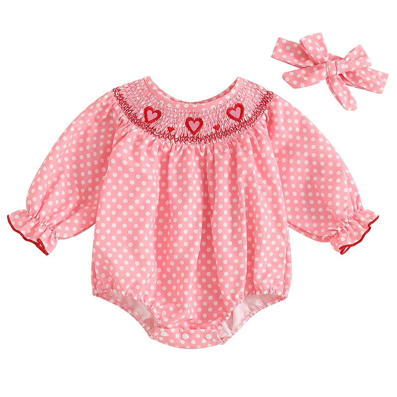 Toddler Girl Valentine s Day Romper Heart Embroidered Dot Long Sleeve Smocked Round Neck Ruffled Fall Jumpsuits Headband