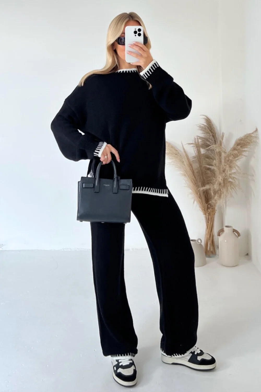 Casual Women 2 Pieces Sets Knitted Sweater Pullovers Wide Leg Long Pants 2024 Autumn Female Office Suit Outfits Loungewear