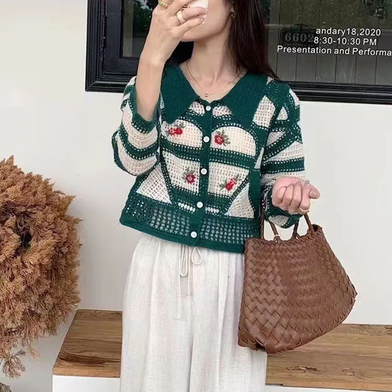 مملة العسل الفرنسية الرجعية مخطط الجوف الأعلى المطرزة زهرة معطف سترة مشغولة من الصوف المرأة أوائل الخريف موضة الحلو الرياح ل #4