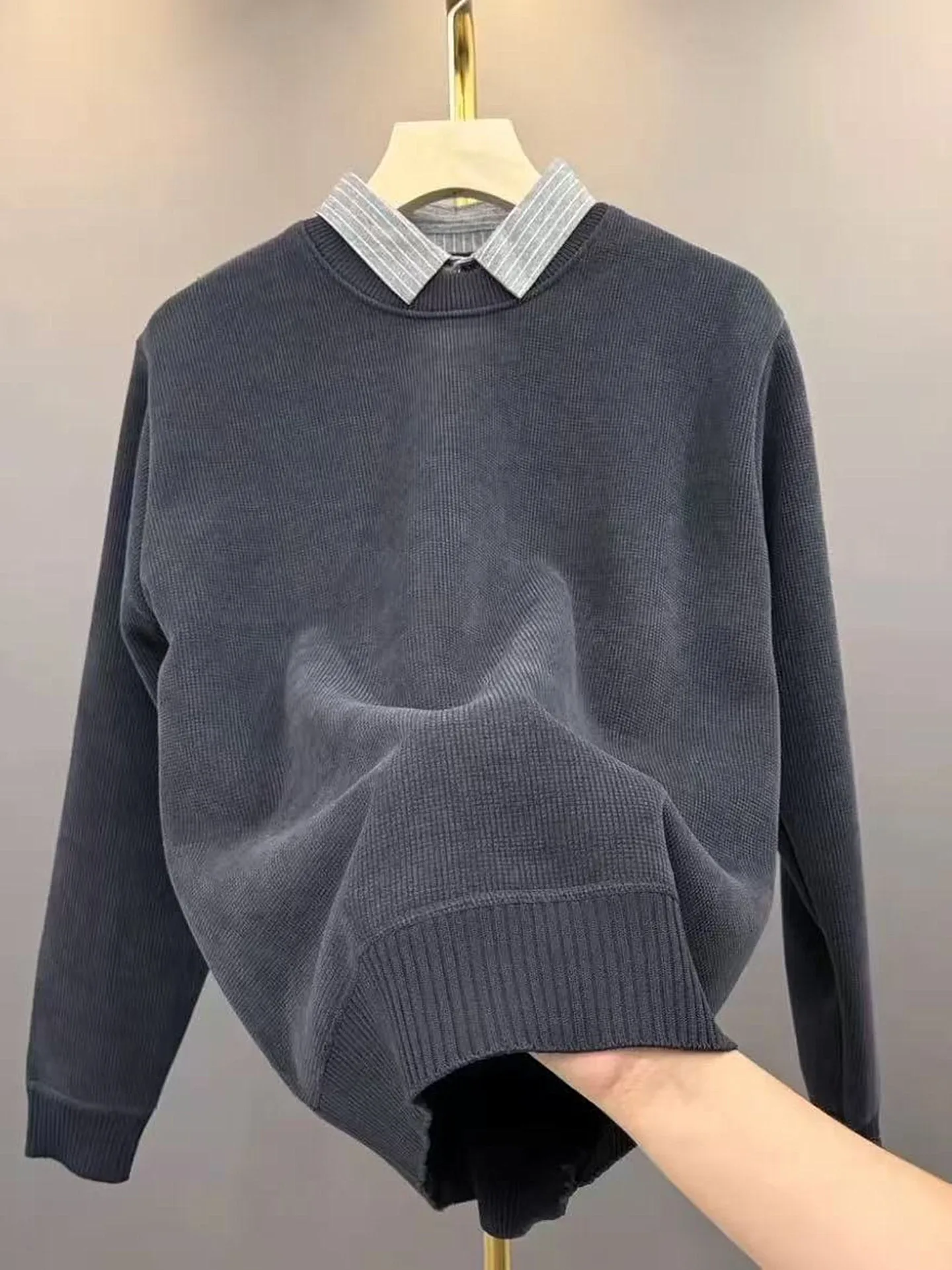 

Men's Knitted Long Sve irt Collar Sweater Fake Two-Piece Inner Base irt Casual Sle Stand Fit Knitted Fabric