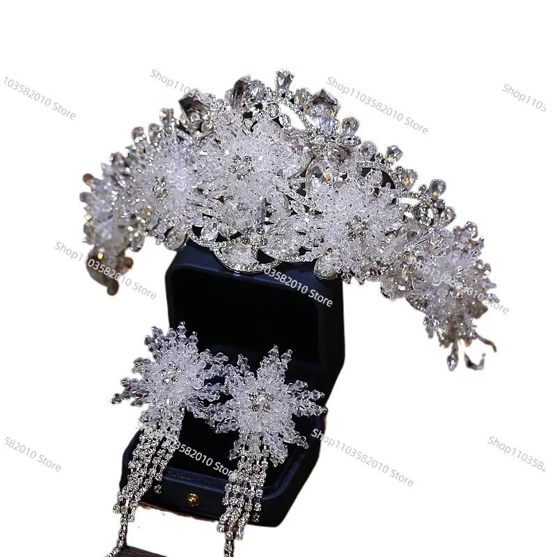 Luxury Heavy Industry Princess Shining Bridal Crown Crystal Sparkling Diamond Premium Crown Earrings Set Main Wedding Headgear