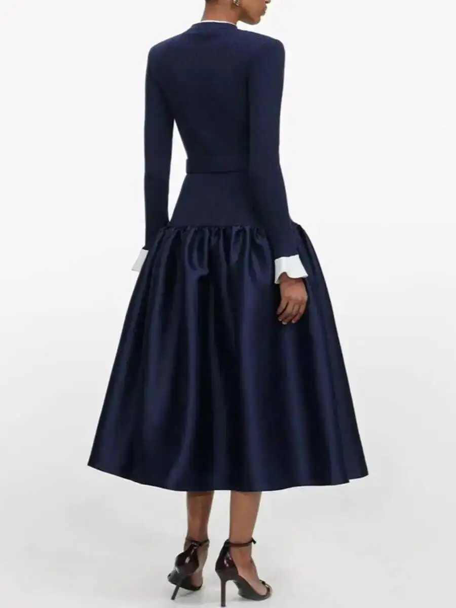 TLXT ファッション レディース フレンチスタイル 無地 エレガント 細見え ワンピース 長袖 ハイウエスト スプライスボタン シックドレス 2026春新作