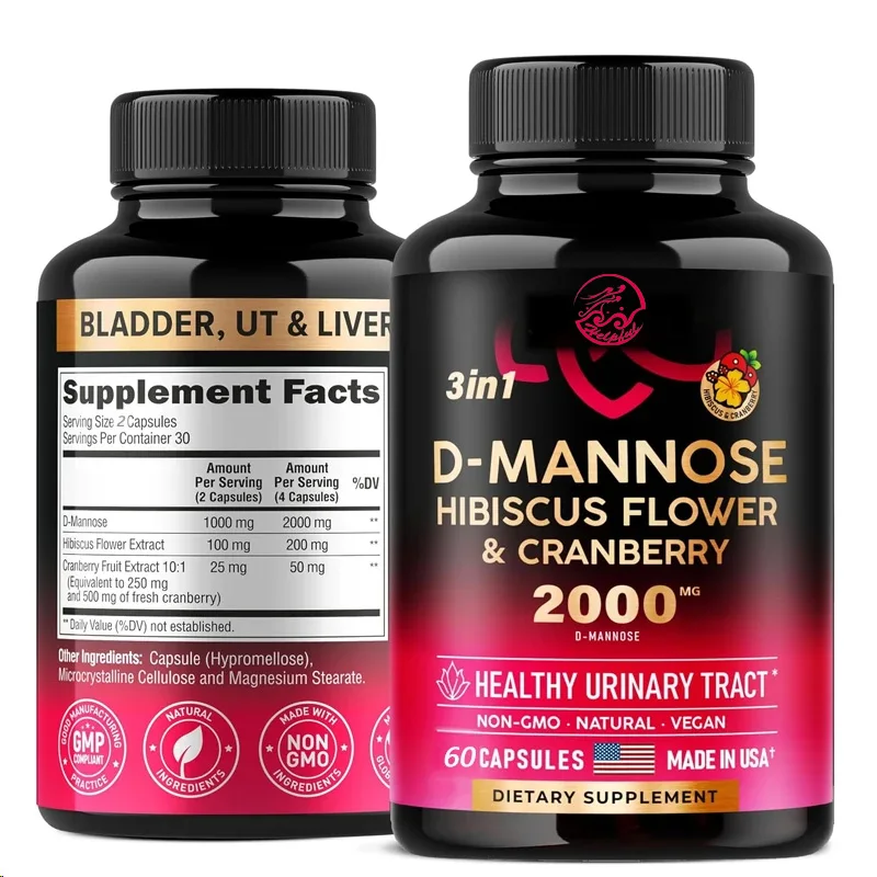 D-mannose 2000mg 60 capsules -3-in-1 bladder, liver, and digestive support cranberry and hibiscus suitable for men and women