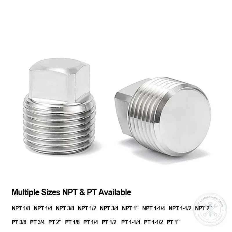 304 A2 Stainless Steel Square Head Pipe Plug NPT PT Taper Thread Plug Stopper NPT1/8-NPT2 PT1/8-PT2 Hydraulic Oil Pipe Fitting