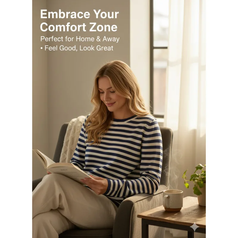 

Loose Striped Knit Sweater For Women Long Sleeve Round Neck Soft Pullover Thickened Design For Autumn Winter Comfy Casual Outfit