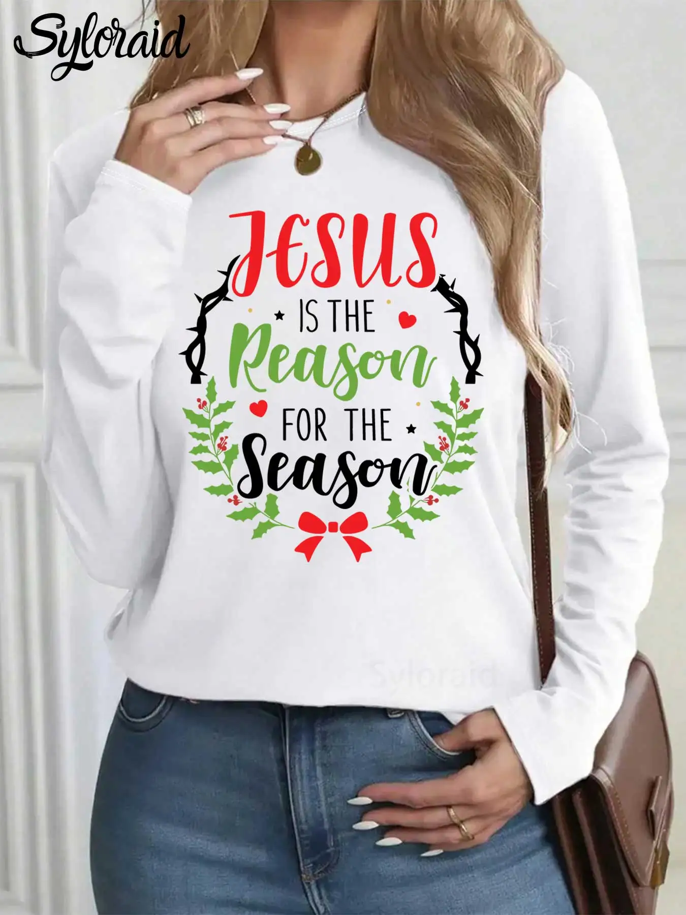Women's Long Sleeve T Shirt "Jesus Is The Reason" Christian Christmas Print T Shirt Fashion Round Neck Casual Top
