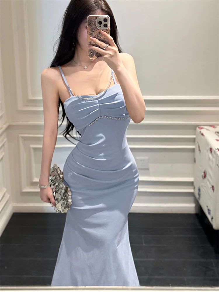 النمط الفرنسي الماس ديكور غمد اللباس للسيدات مثير أكمام ذيل السمكة الحمالة منتصف طول اللباس المألوف حزب اللباس #4