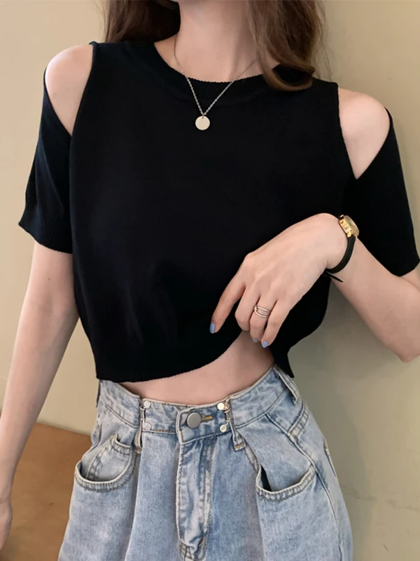 Hong Kong Style Shoulder Bared Short Sleeve Knitted T Shirt Women's Slim Fit Summer Top Design Sensation  T Shirt