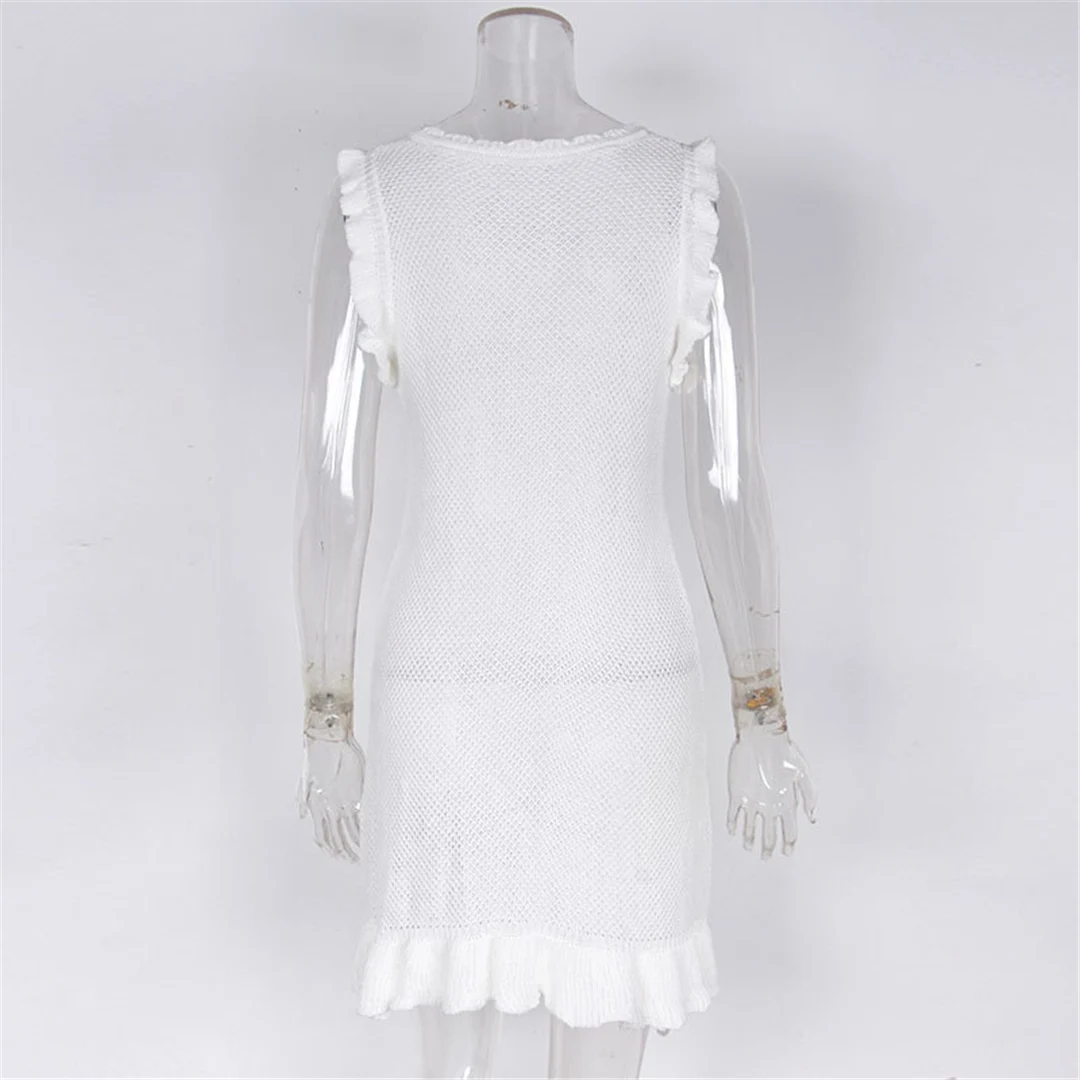 Neues, gerüschtes, ausgestelltes, gehäkeltes, gestricktes Tunika-Strandkleid, Strandkleidung, Strandmode, Strand-Cover-up, Damen V5471 – Detail 11