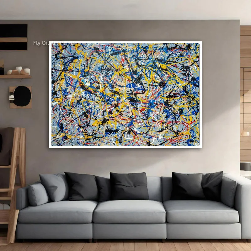 Blue Yellow Black Abstract Messy Lines Oil Painting Abstract Messy Color Canvas Painting Handmade Thick Canvas Wall Art Decor