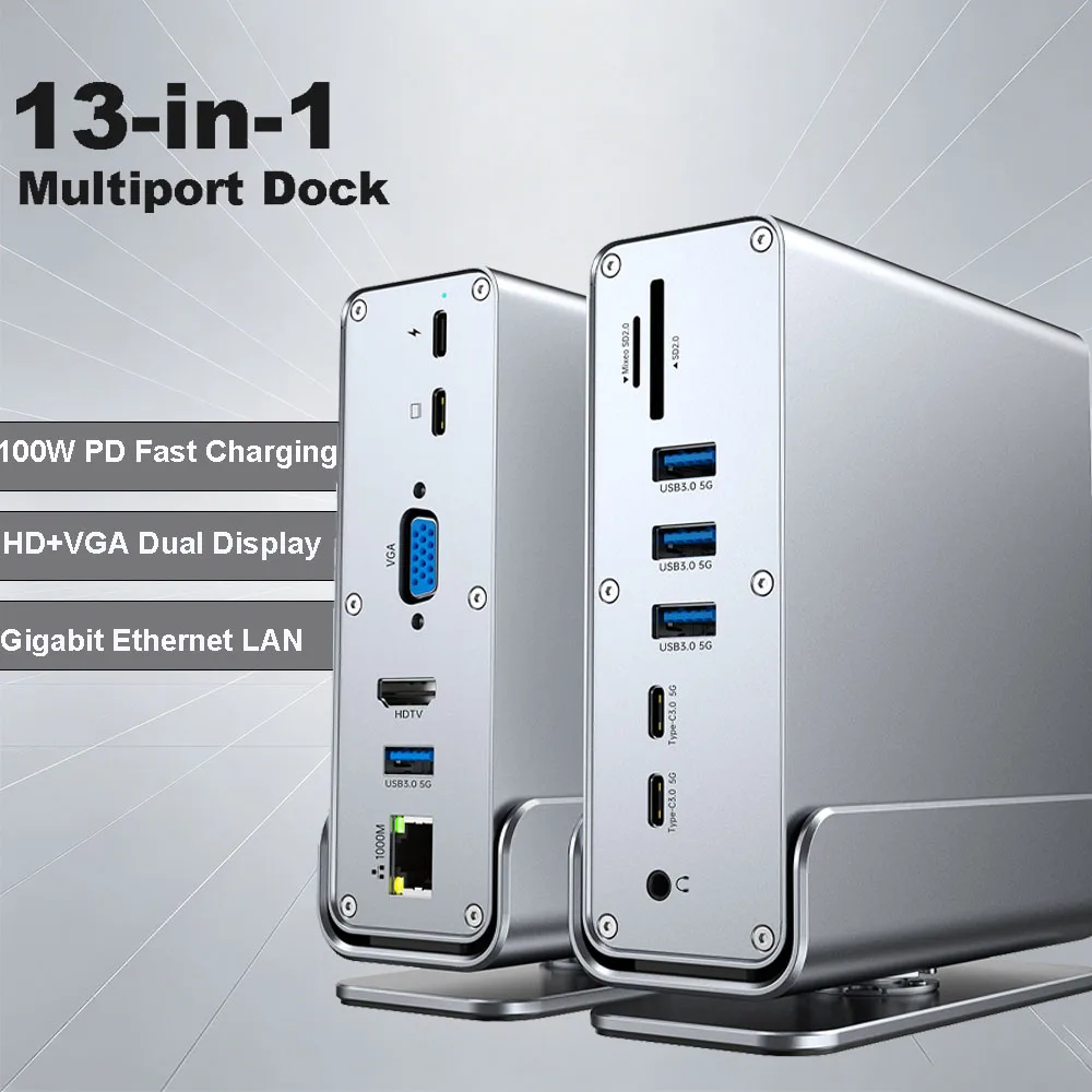 100W PD Fast Charging 13-in-1 USB C Dock,4K@30Hz HDMI-Compatible,Gigabit RJ45,USB3.0,SD TF Reader for MacBook Windows Laptop