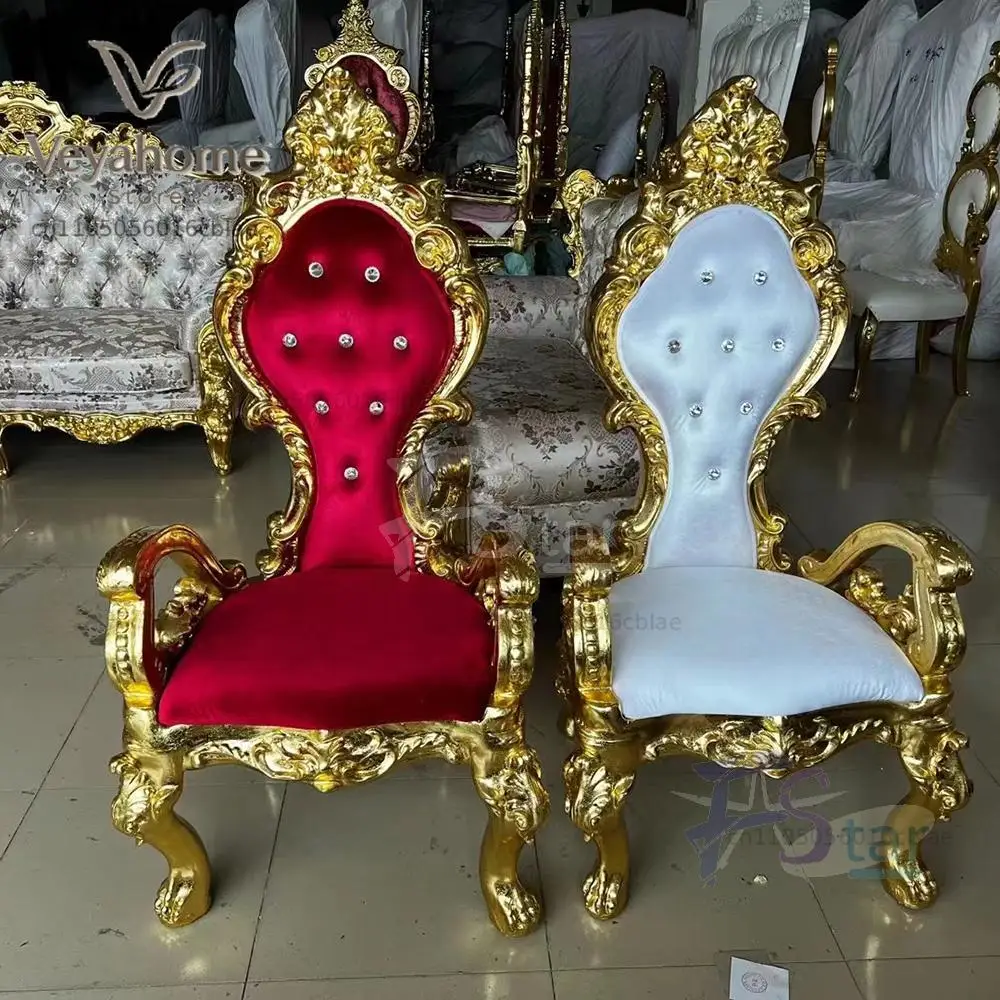 2pcs Gold Luxury Royal Event Wedding king and Queen Throne Chairs for Bride and Groom