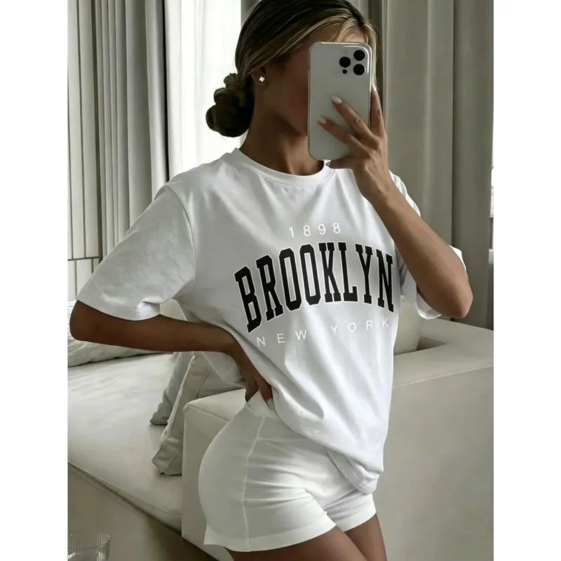 

New Style Women's T-shirts Cotton Print Letter Trend Round Neck Short Sleeved Outdoor Street Top Office Daily Tops
