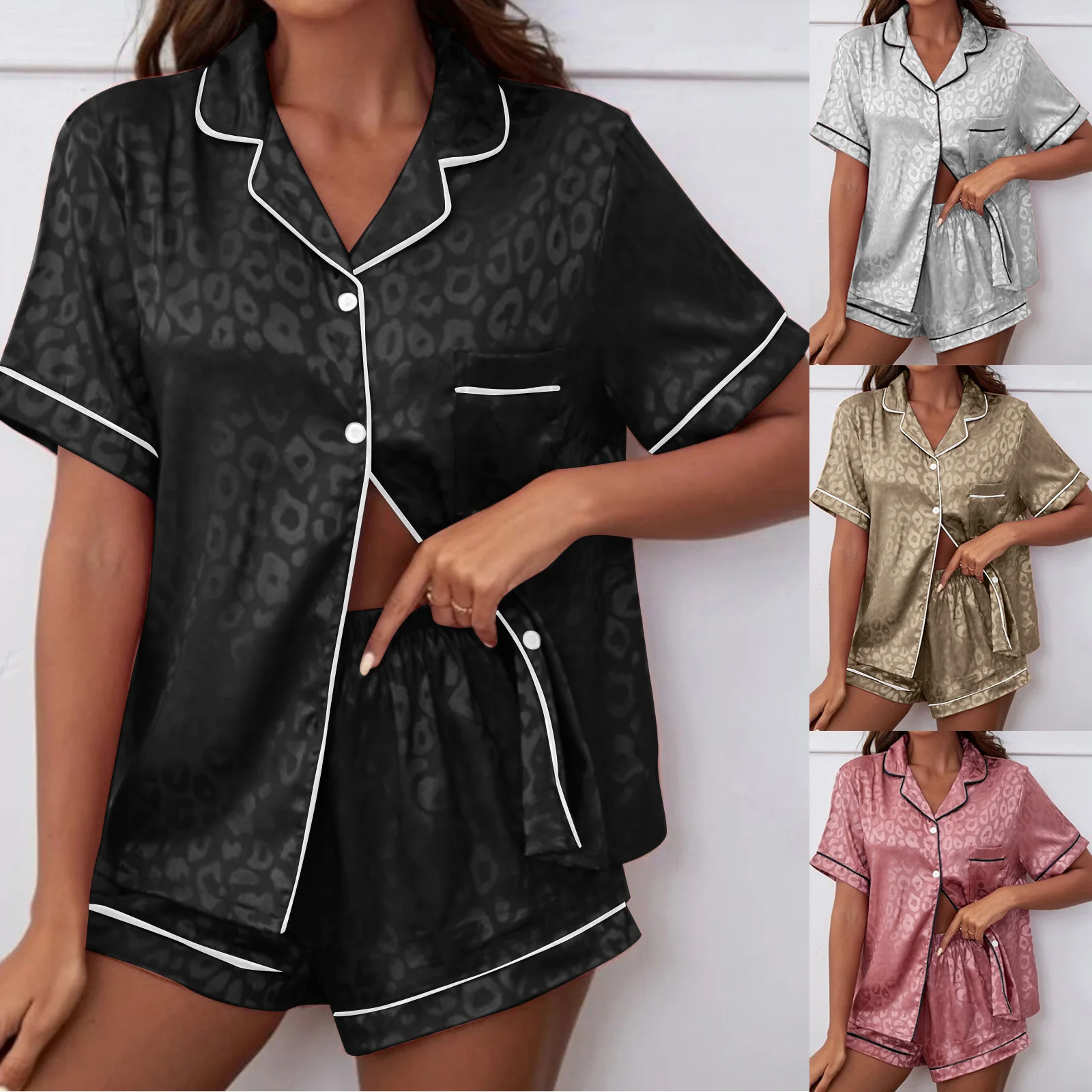 

Two Pieces Pajama Set Short Sleeve Button Up Lapel Top & Pants Set Women's Sleepwear & Loungewear Faux Silk Pajamas for Women