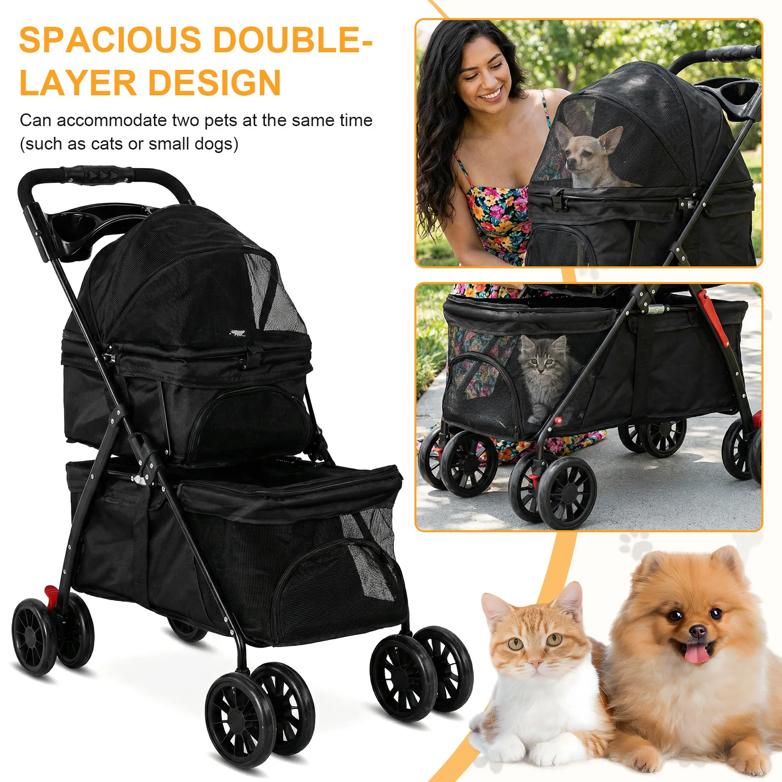 

Cat Stroller for Dogs and Cats Foldable Cat Carrier with Safety Belts Cup Holder & Lockable Wheels Ideal for Multi-Pet Homes