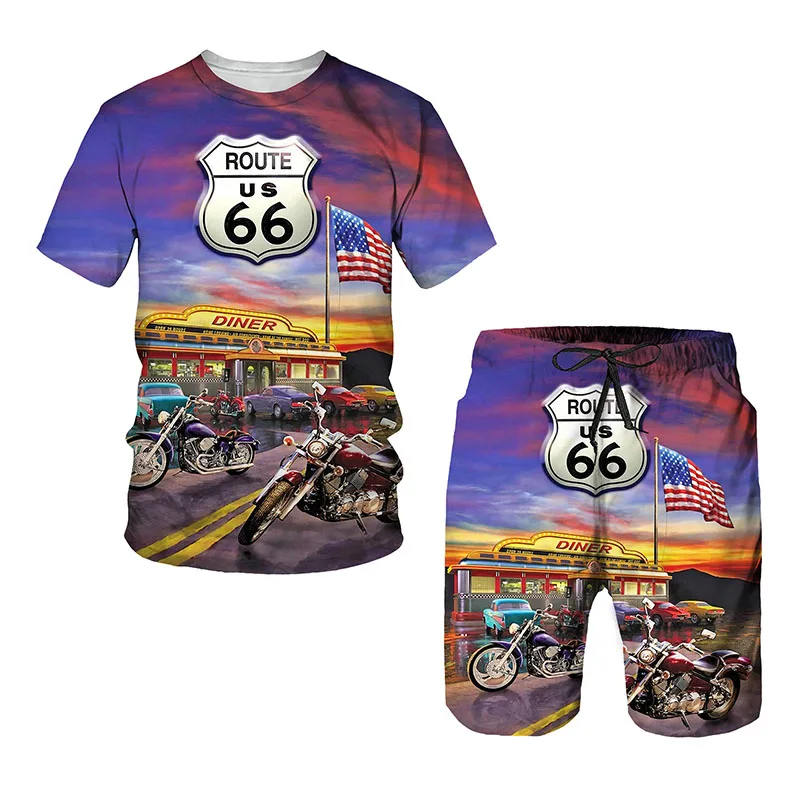 Route 66 Oldtimer 3D-Druck Herren T-Shirt Anzug Männlich Lässig O-Ausschnitt Trainingsanzug Herren Trapsta Kurzarm Set Übergroß Retro 2-teilig