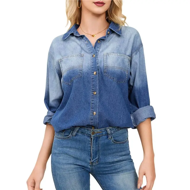 

CYL-Womens Button Down Denim Shirt Gradient Color Lapel Long Sleeve Shirts With Pocket Blue XL
