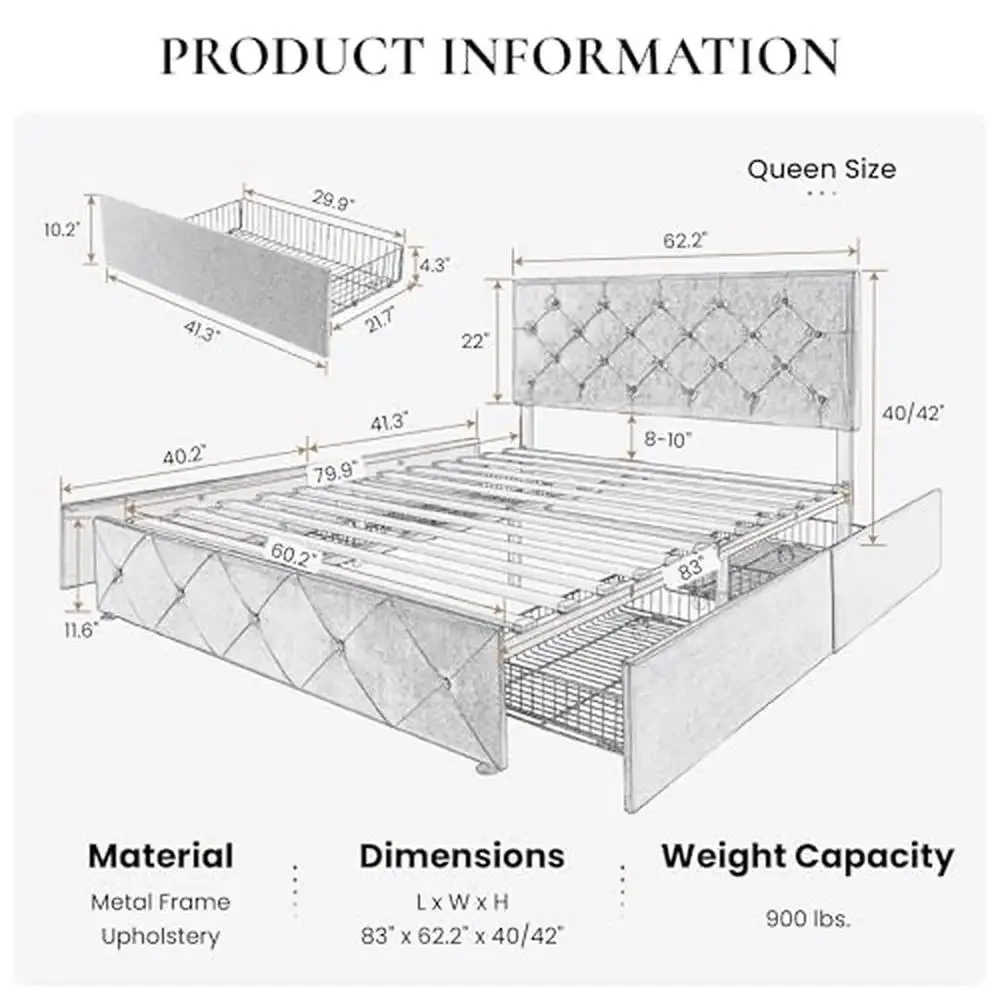 Upholstered Storage Bed Frame with Adjustable Headboard & 4 Drawers Luxurious Diamond Button Tufted Design Sturdy Wooden Slats