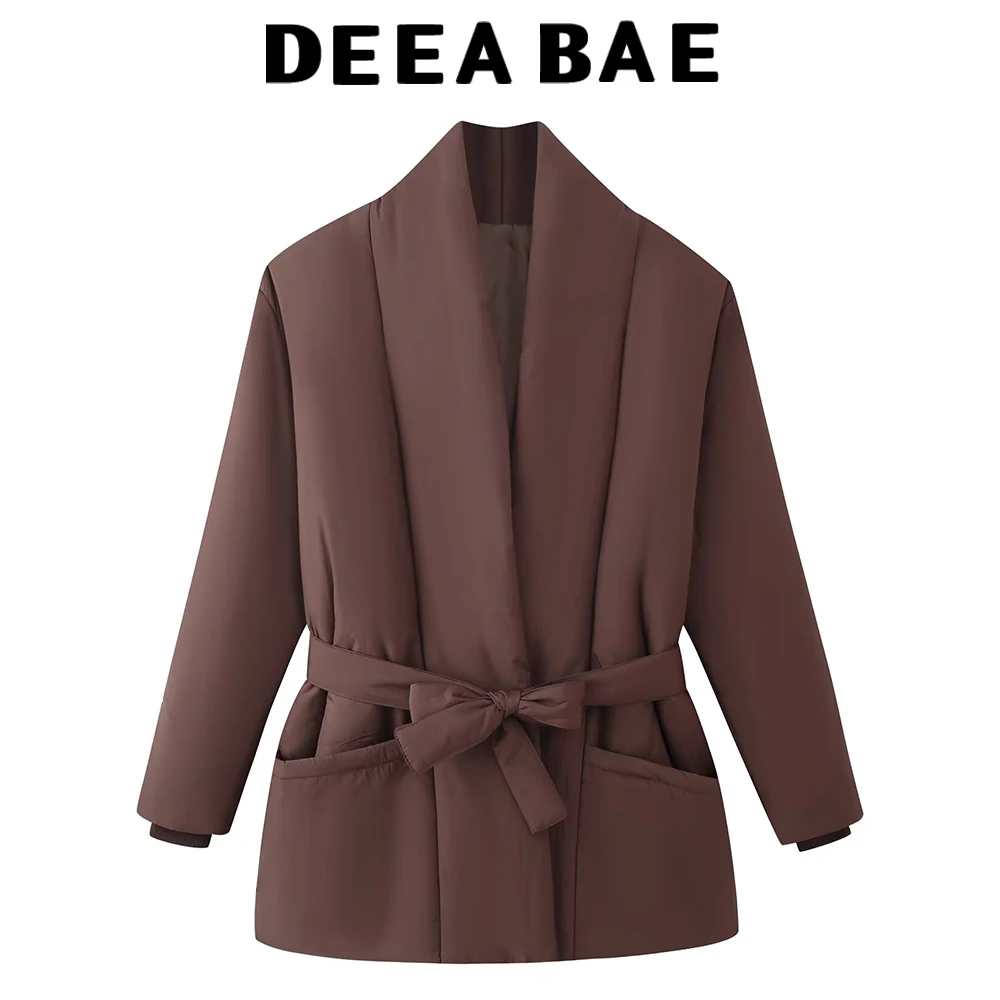 

DEEABAE Winter new women's slim fit V-neck long sleeved solid color bow tie loose warm cotton jacket