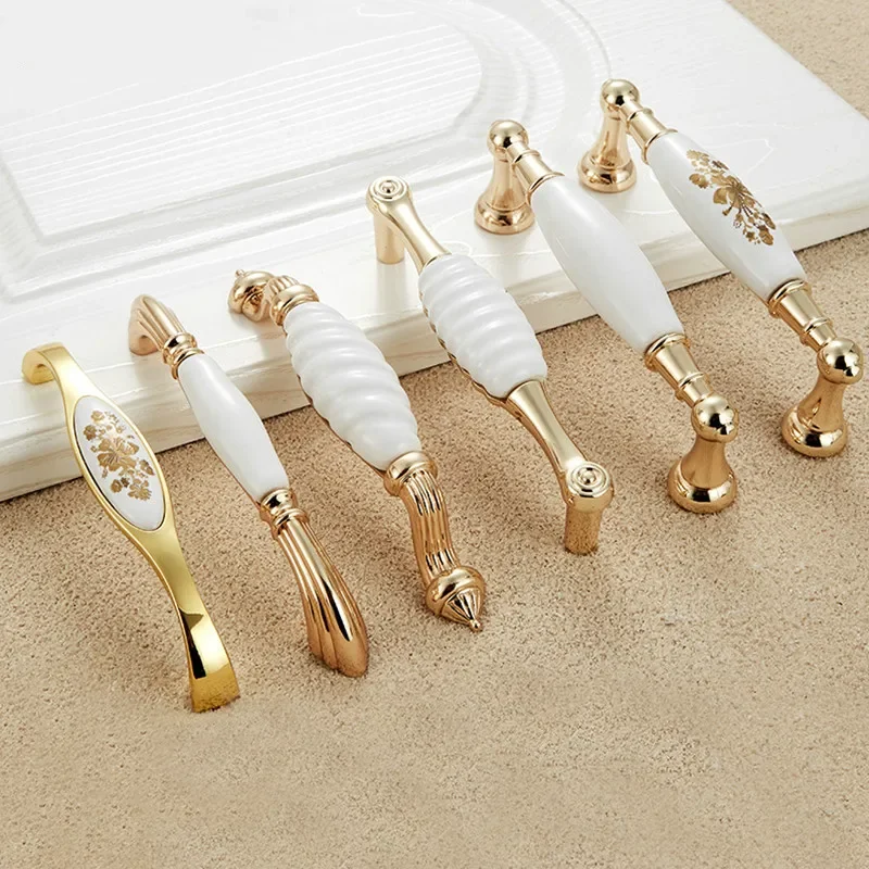 Gold White Creamic Gold Cabinet Handles Knobs Drawer Pulls Kitchen Door Handles Furniture Handle Cabinet Door Hardware