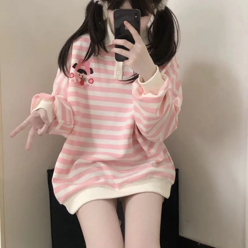 

HOUZHOU Kawaii Pink Striped Sweatshirt Women Japanese Style Y2k Cartoon Print Polo Collar Long Sleeve Hoodies Loose Pullover