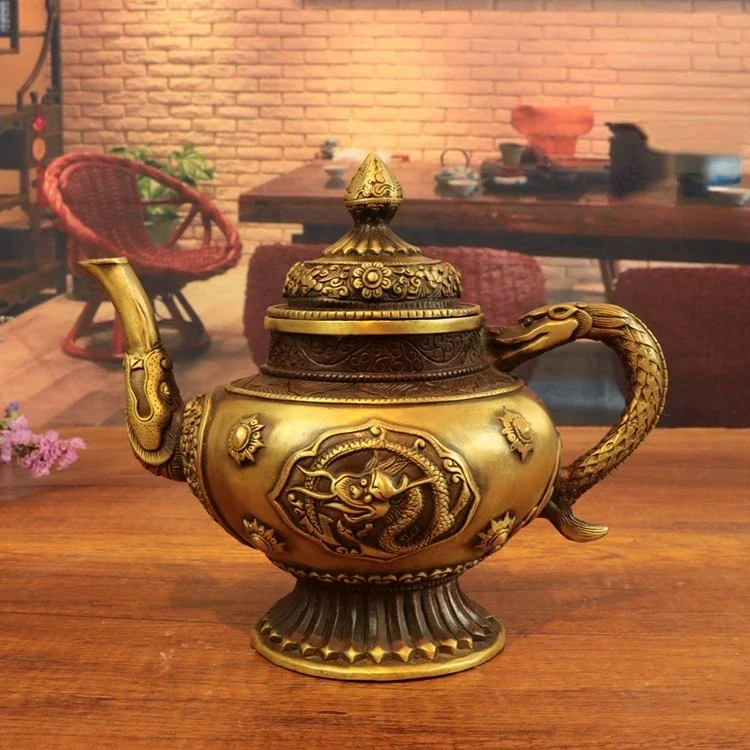 Pure Copper Tibetan Dragon Pot Decoration Antique Copper Ware Kettle Teapot Wine Pot Handle Pot Home Decoration