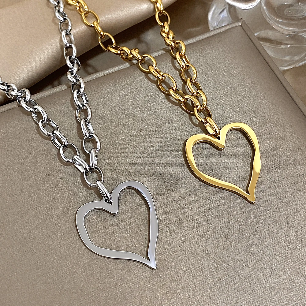 316L Edelstahl Gold Silber Farbe Halskette für Frauen Glänzend Punk Große Hohle Herz Anhänger Halsketten Valentinstag Geschenke – Detail 3