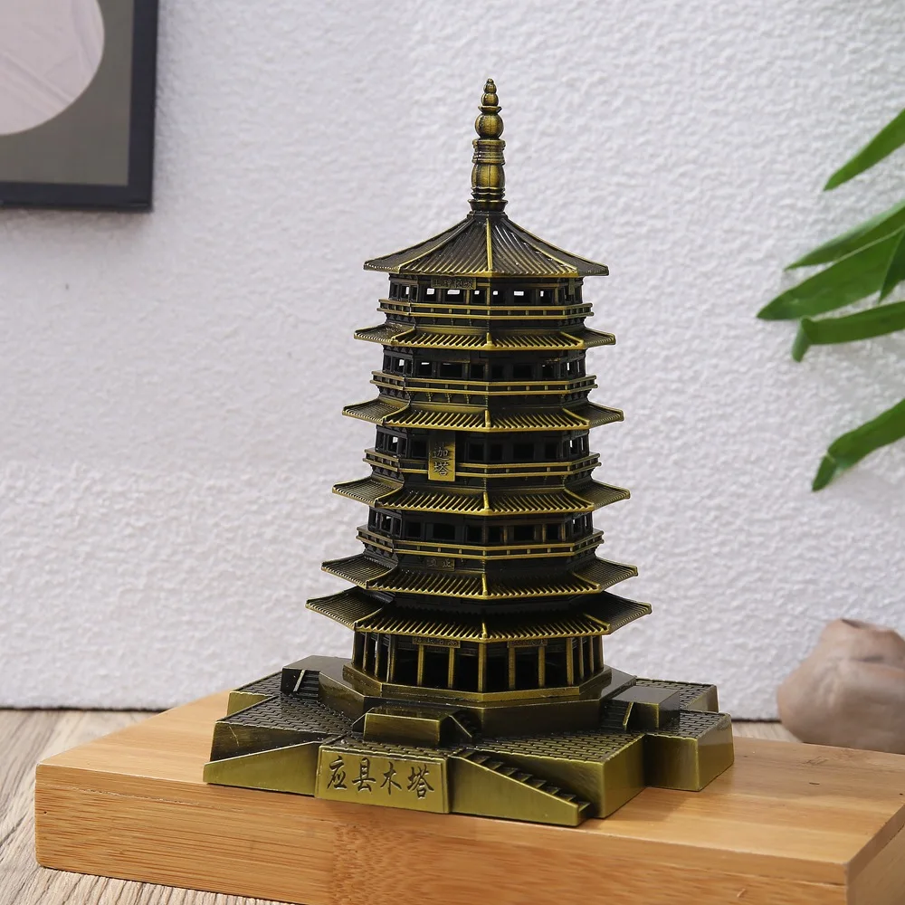 Ancient Chinese Metal Crafts Bronze Yingxian Wooden Tower Model Gifts Office Home Ornaments Architectural Building Model