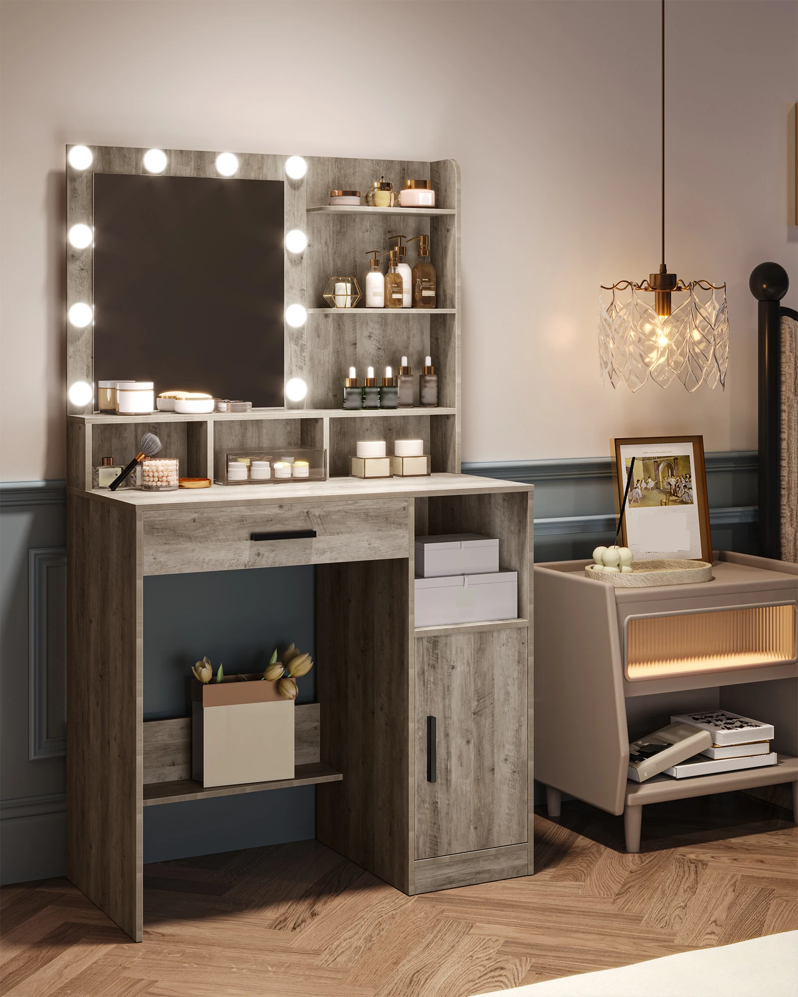 Imagen 4: Hzuaneri Tocador con espejo y 10 luces LED, mueble de tocador con 3 estantes y 4 compartimentos abiertos, con cajón grande