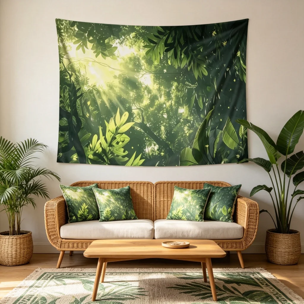 1PC Green Jungle Sunlight Art Print Backdrop Banner, Bedroom Living Room Photo Background, Polyester, Home Decor, Wall Art