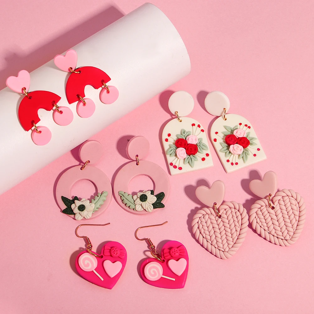 AENSOA Hollow Round Flower Earring For Women Polymer Clay Valentine\'s Day Girls Gift Heart Pattern Ear Accessories Jewelry INS