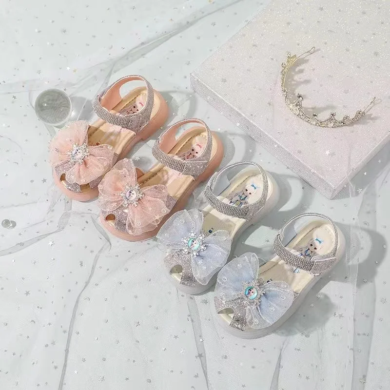 Baby Girls Sandals Summer Cartoon Princess Frozen Anna Elsa Crown Print Children Crystal Shoes Kid Beach Soft Flat Glass Slipper