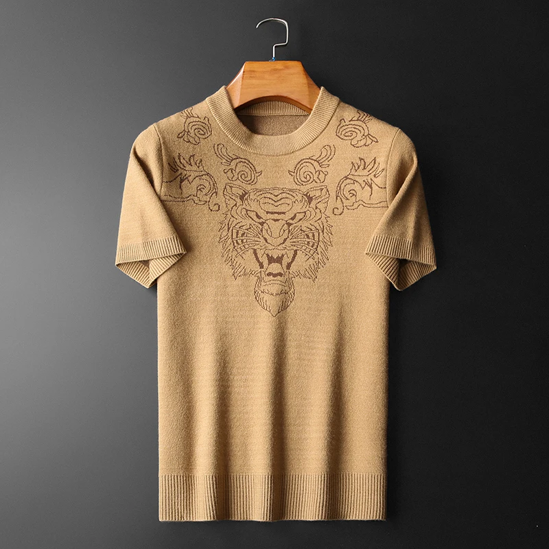 Top Quality Wool T Shirt Tiger Head Short Sleeve Men T-shirt Korean Half High Neck Slim Knitted T-shirt Men Social Club Outfits